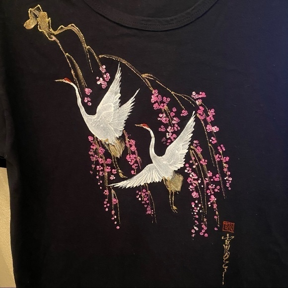 Vintage Bird & Floral Design Black T-Shirt-Medium - Picture 2 of 7